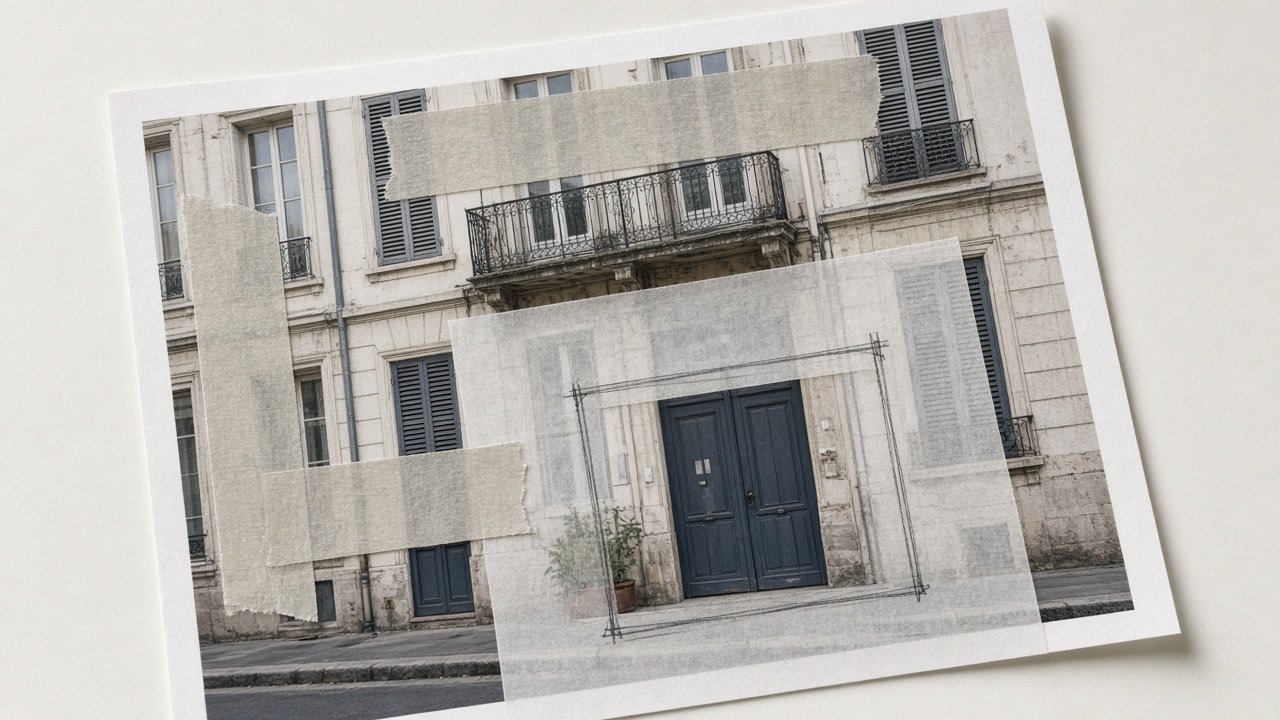 Fassadenfoto angeheftet, Folie, Graphit-Rechteck auf dem Tor, graues Klebeband auf Fenstern und Nachbarbalkon