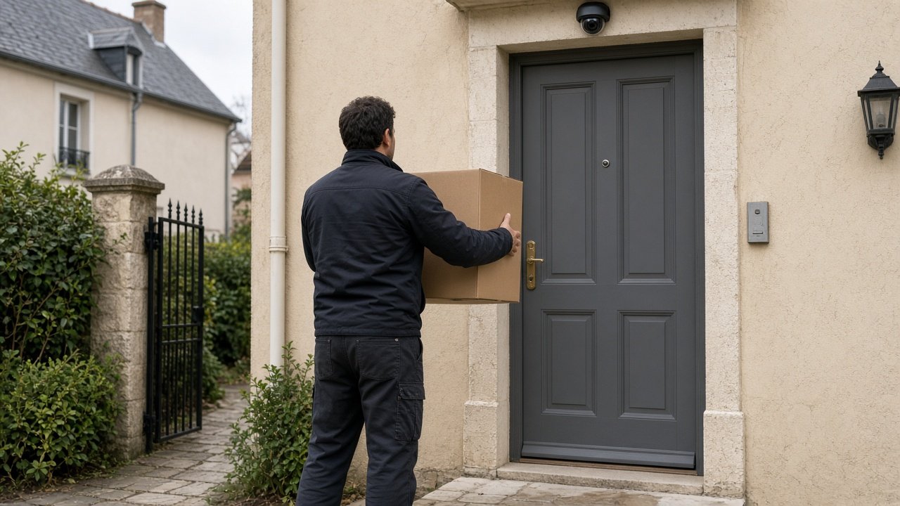 Bote, der ein Paket gegen eine Tür keilt
