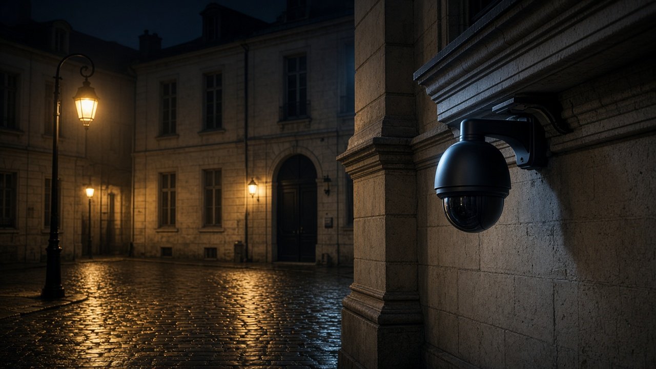 Gepflasterte Gasse, erleuchtetes Fenster im Schatten