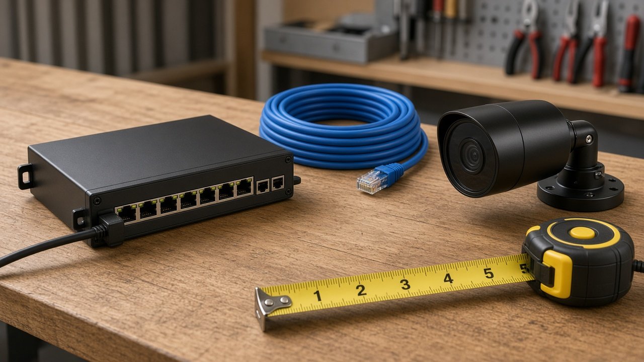 Kabeleinführung und ein Cat.-6-Kabel unter einer Traufe, PoE-Tester