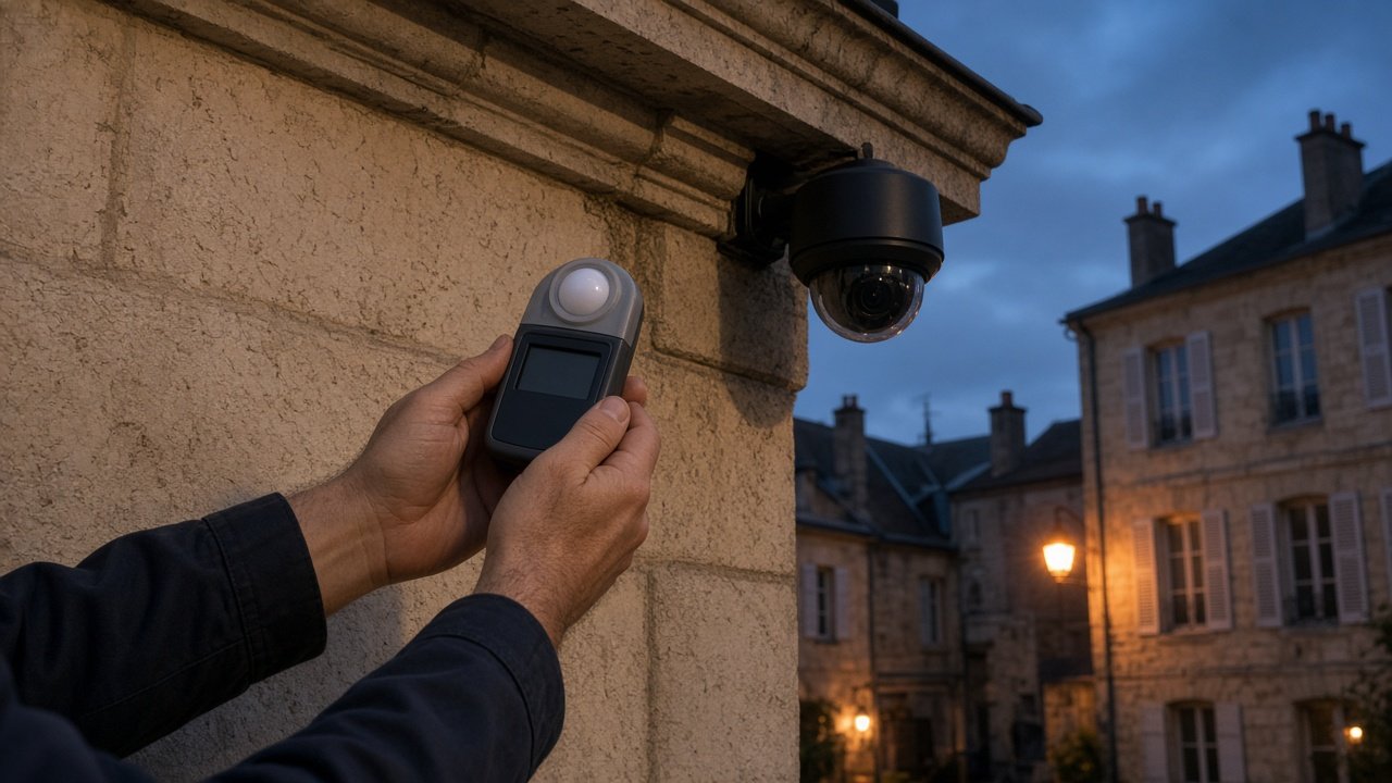 Lichtmessung in der blauen Stunde auf einem Hof, Dome schon gesetzt