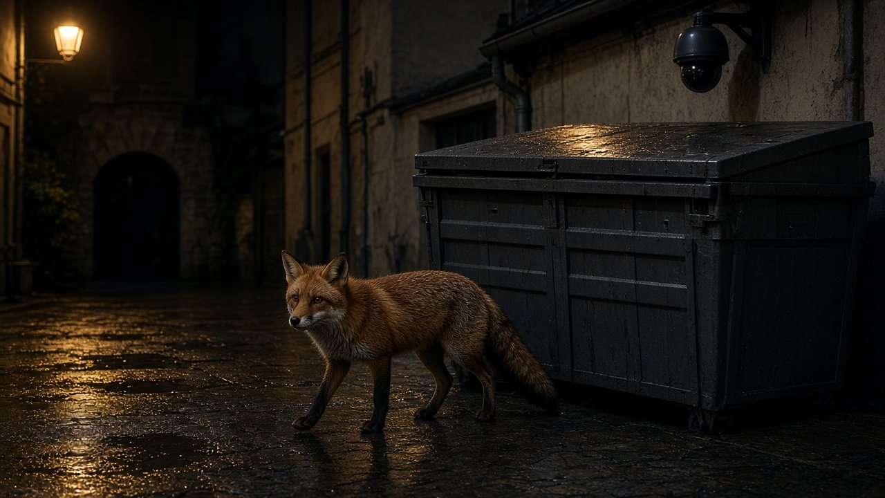 Nachtfuchs neben einer Tonne, Überwachungsbild