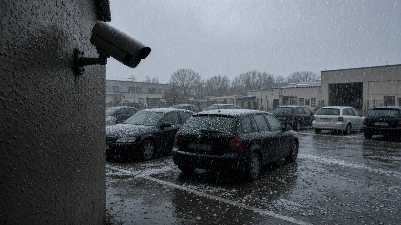 Parkplatz unter Hagelschauer